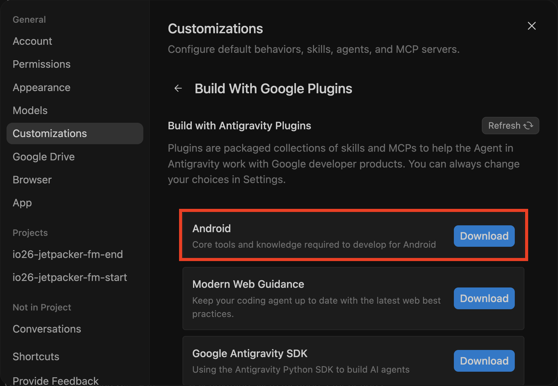 Android CLI in Google Antigravity con il bundle Android evidenziato