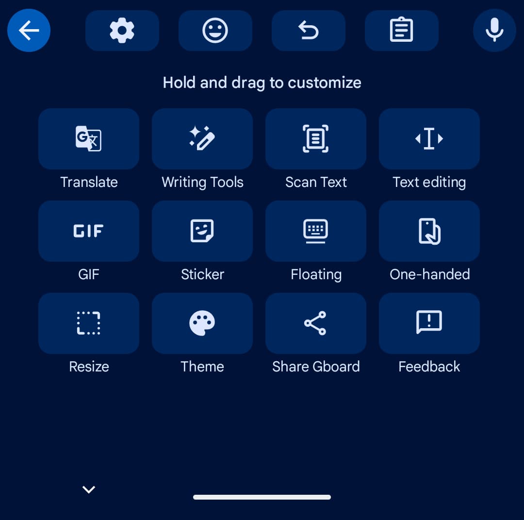 Vecchio pannello scorciatoie di Gboard con layout a griglia