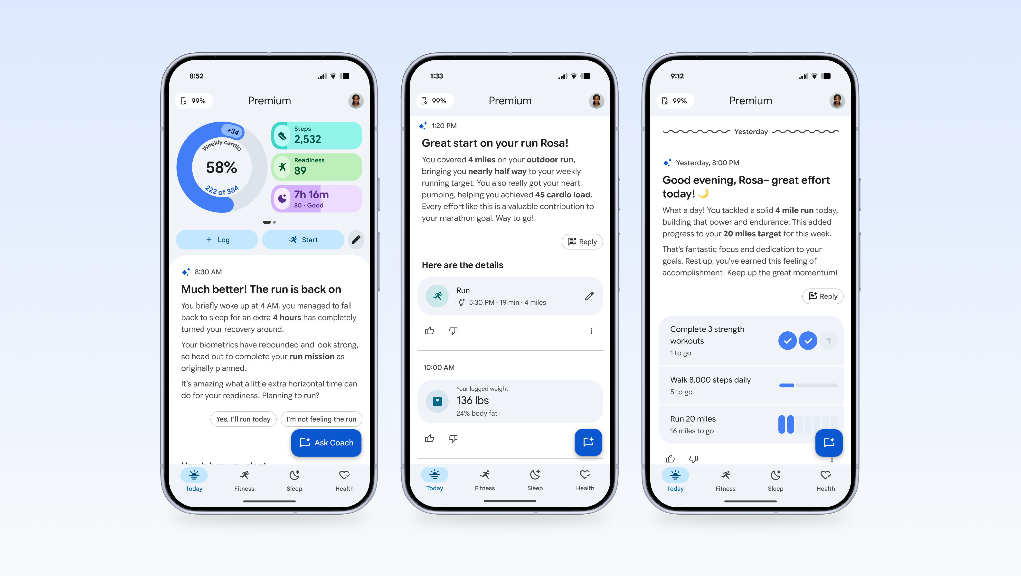 Google Health con sezione fitness e suggerimenti AI Coach