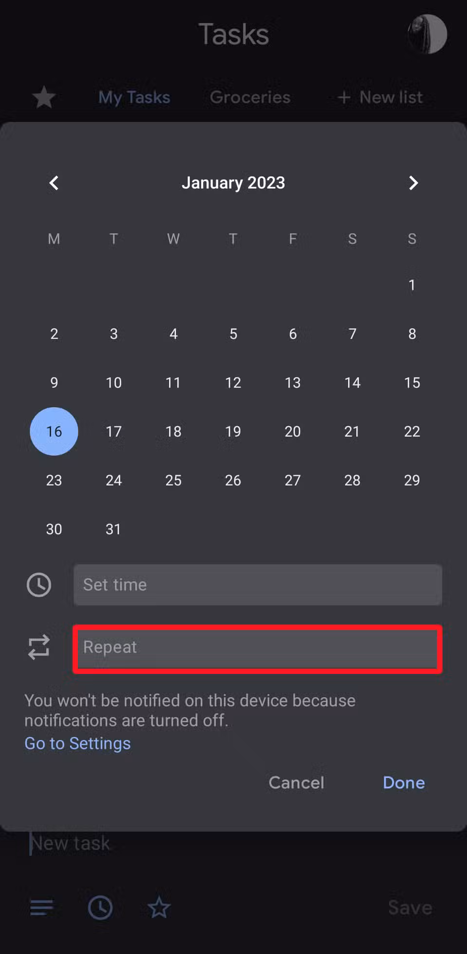 Opzioni di ricorrenza in Google Tasks su Android