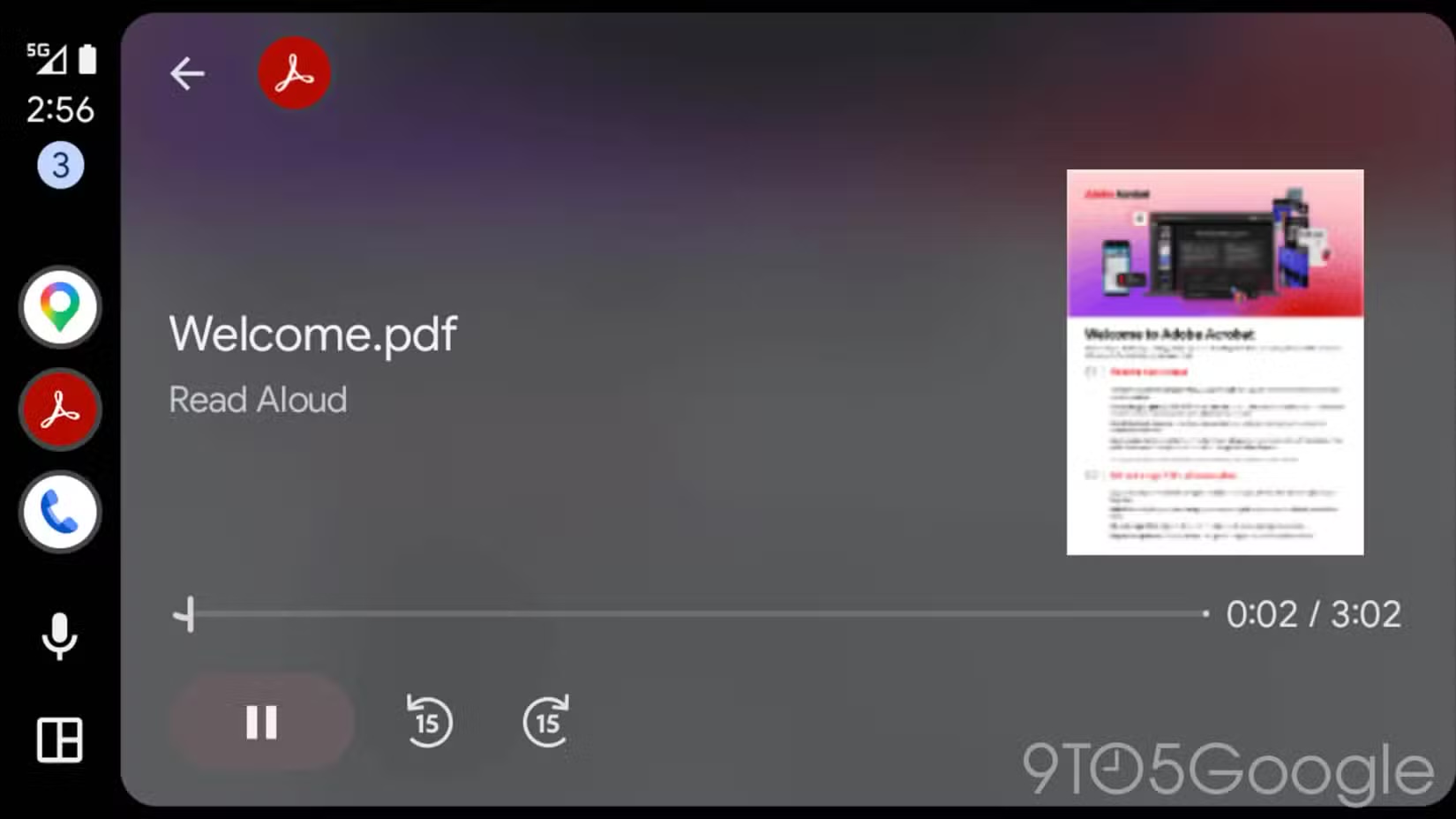 Interfaccia Read Aloud di Adobe Acrobat su Android Auto
