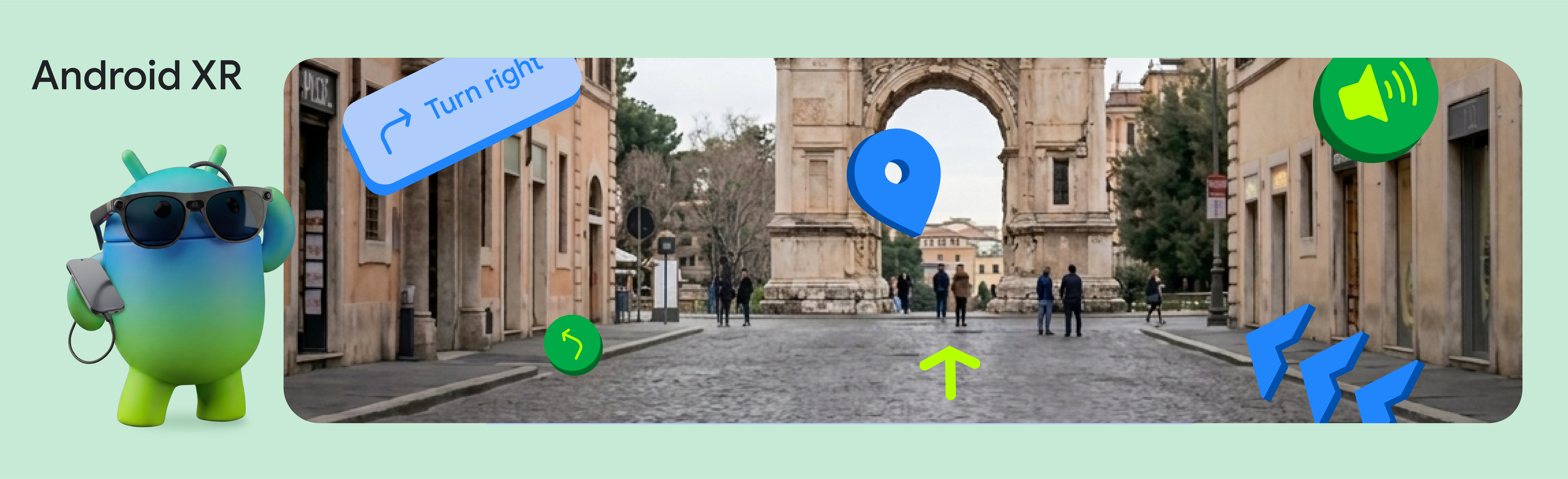 Android XR con indicazioni geospaziali sovrapposte a una scena urbana