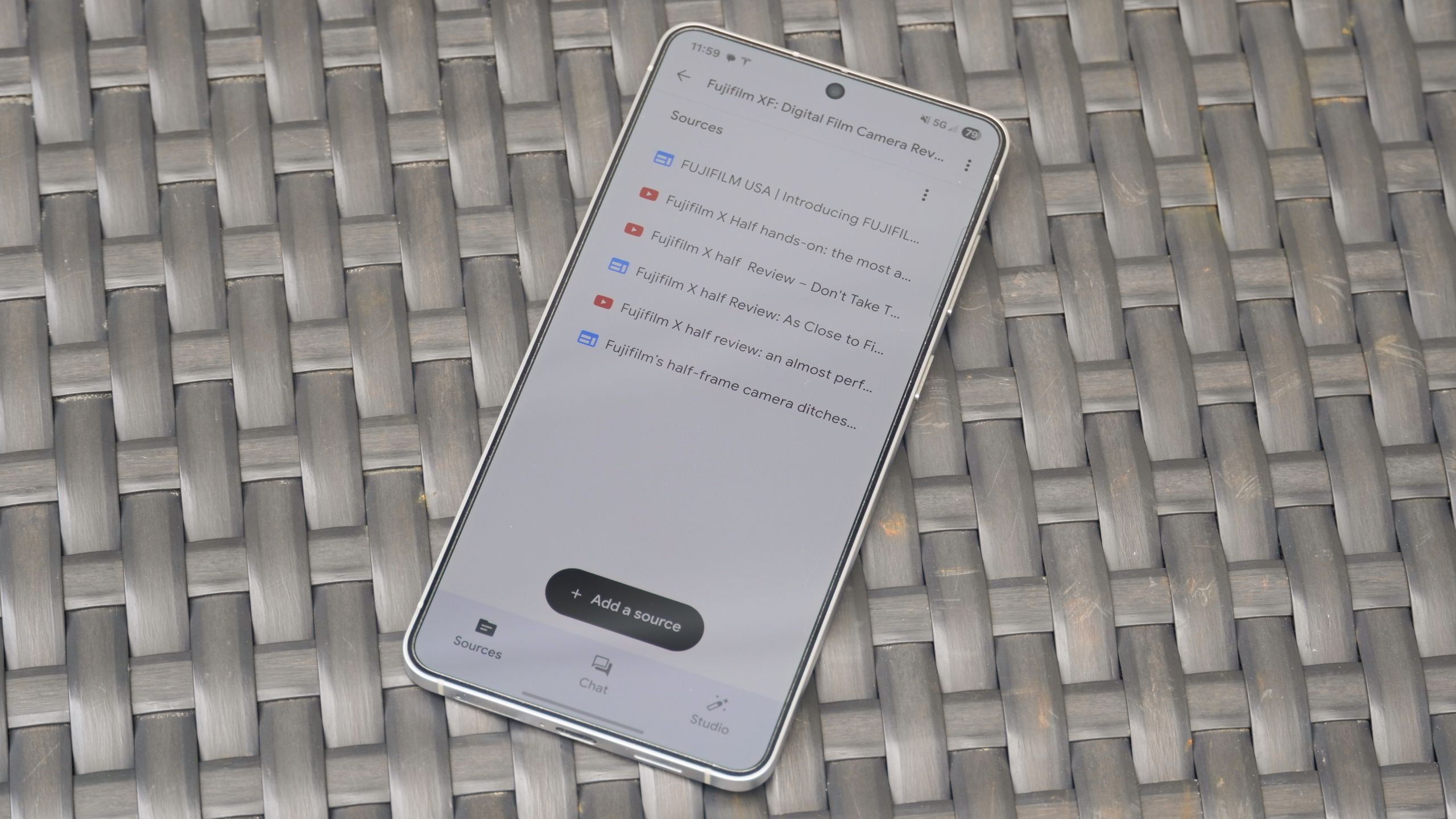 NotebookLM open on an Android phone with a list of sources