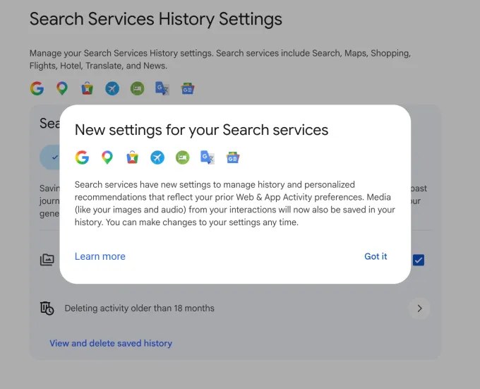Schermata delle nuove impostazioni Search Services History di Google.