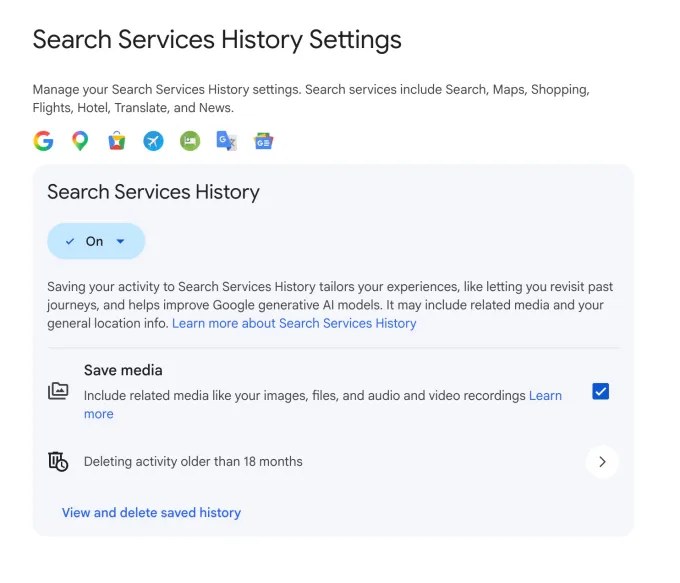 Schermata Search Services History con opzione Save media attiva.