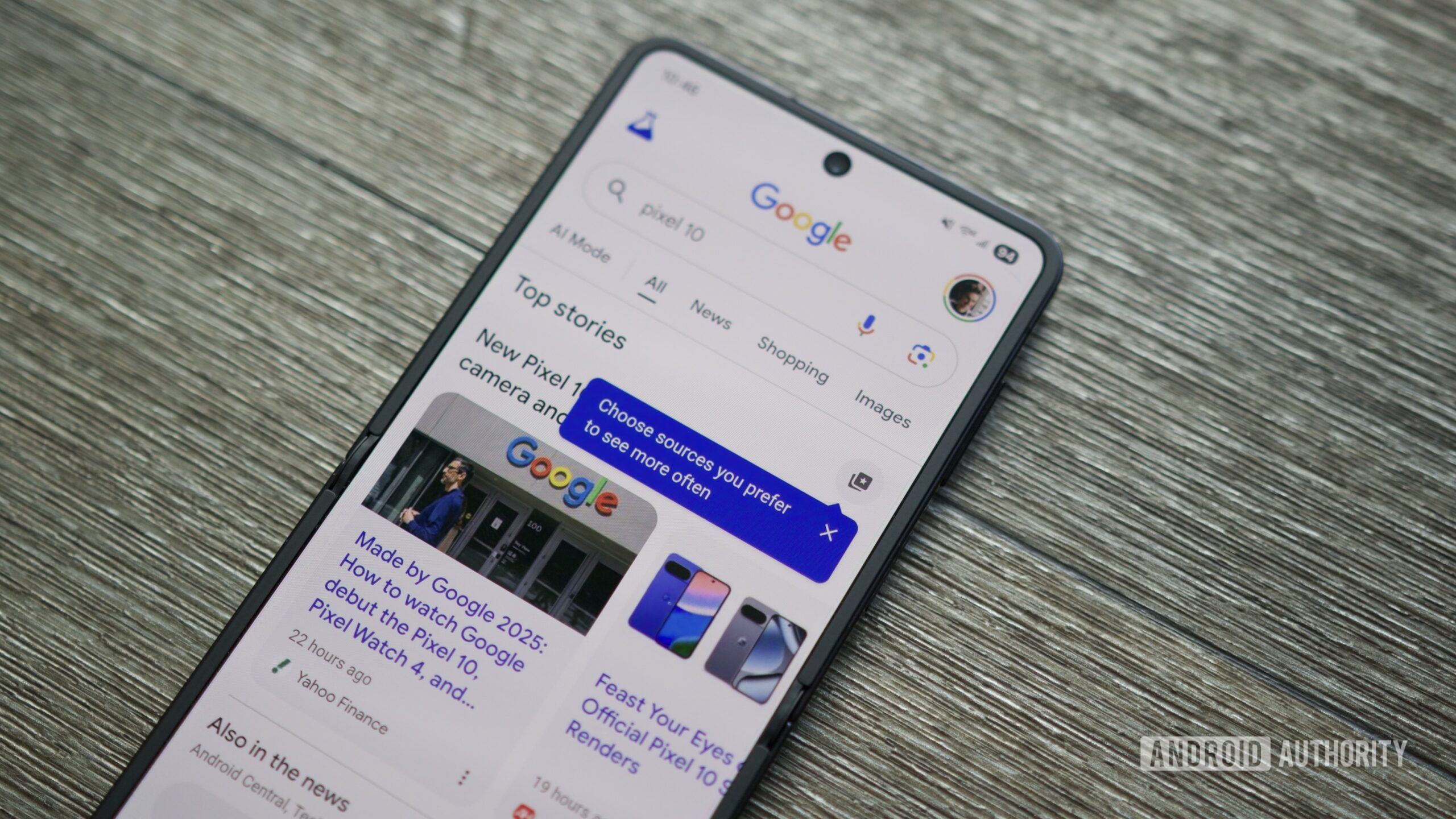 Google Search on an Android phone with preferred source controls