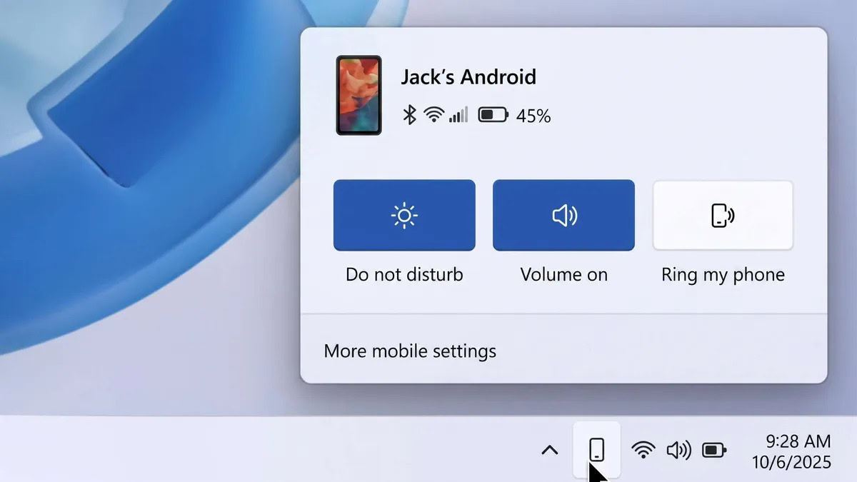 Windows 11 smartphone flyout mock-up for connected Android phones